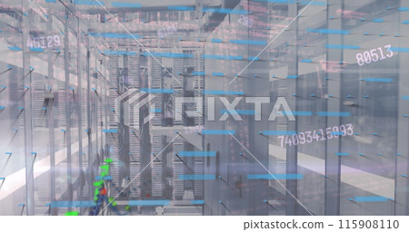 Image of multiple graphs, numbers and abstract pattern over server room Image of multiple graphs, numbers and abstract pattern over server room 115908110