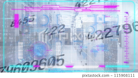 Image of numbers, abstract pattern and infographic interface over server room in background 115908111