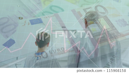 Image of euro bills over caucasian male doctor and boy holding hands and walking in hospital Image of euro bills over caucasian male doctor and boy holding hands and walking in hospital 115908158