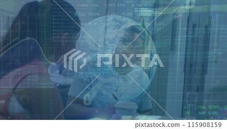 Image of stock market data processing and african american male and female colleagues discussing Image of stock market data processing and african american male and female colleagues discussing 115908159