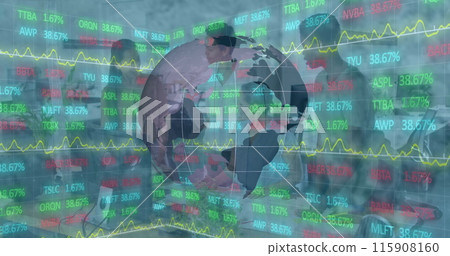 Image of stock market data processing over globe against diverse colleagues discussing at office Image of stock market data processing over globe against diverse colleagues discussing at office 115908160
