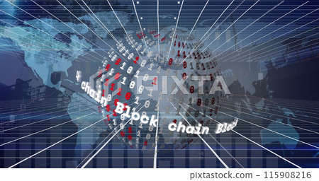 Image of globe with binary coding, network of connections and data processing Image of globe with binary coding, network of connections and data processing 115908216