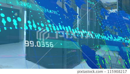 Image of world map and data processing over computer servers Image of world map and data processing over computer servers 115908217