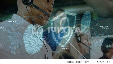 Image of data processing and padlock over caucasian business people in office 115908258