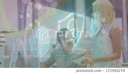 Image of data processing and padlock over caucasian business people in office Image of data processing and padlock over caucasian business people in office 115908259