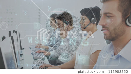 Image of data processing and padlock over caucasian business people in office 115908260