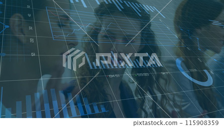 Image of statistical data processing over two caucasian woman discussing at office 115908359