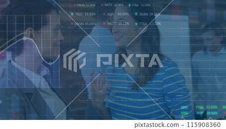 Image of statistical data processing over two diverse female colleagues discussing at office 115908360