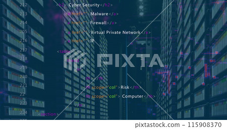 Digital image of binary coding data processing over computer servers against blue background 115908370
