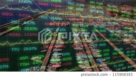 Image of stock market data processing over aerial view of ship harbor 115908383