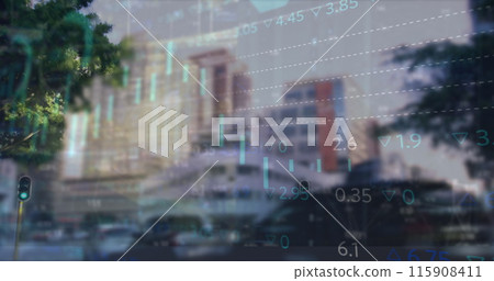 Image of statistics and financial data processing over cityscape Image of statistics and financial data processing over cityscape 115908411