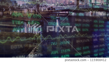 Image of statistics and financial data processing over cityscape Image of statistics and financial data processing over cityscape 115908412