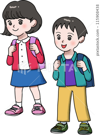 Elementary school students on their way to school 115908438