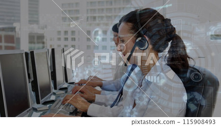 Image of data processing over caucasian woman wearing phone headset using computer at office 115908493