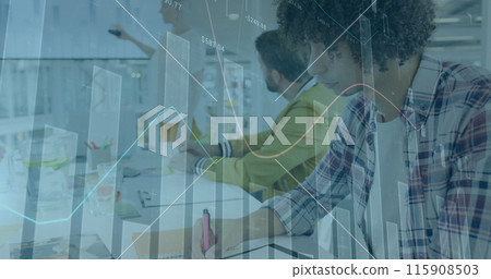 Image of data processing over diverse business people at office Image of data processing over diverse business people at office 115908503