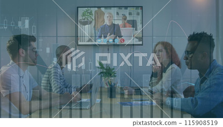 Image of statistics and financial data processing over business people Image of statistics and financial data processing over business people 115908519