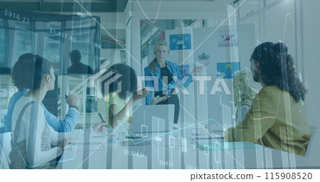 Image of graphs, numbers over diverse coworkers discussing ideas with female boss in office Image of graphs, numbers over diverse coworkers discussing ideas with female boss in office 115908520