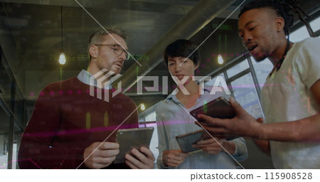 Image of financial data processing over diverse business people using electronic devices Image of financial data processing over diverse business people using electronic devices 115908528