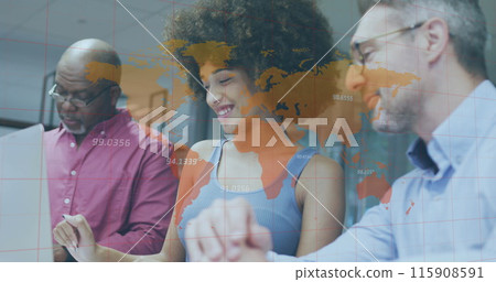Image of financial data processing and world map over diverse business people in office Image of financial data processing and world map over diverse business people in office 115908591