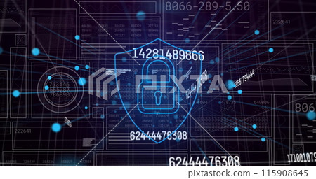 Image of changing numbers and security padlock icon against interface with data processing 115908645