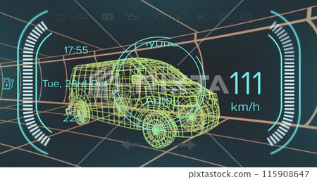 Image of digital car interface and data processing over 3d model of car Image of digital car interface and data processing over 3d model of car 115908647