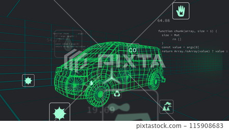 Image of digital car interface and eco icons over 3d model of car Image of digital car interface and eco icons over 3d model of car 115908683