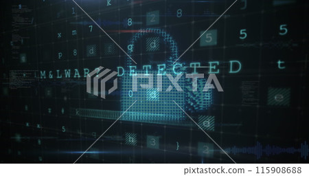 Image of cloud, lock, shield with letters, numbers and symbols over grid pattern 115908688