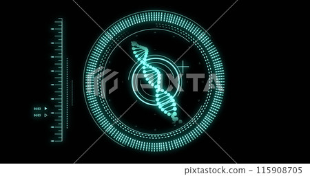 Image of data processing with scope scanning and dna strand on black background Image of data processing with scope scanning and dna strand on black background 115908705