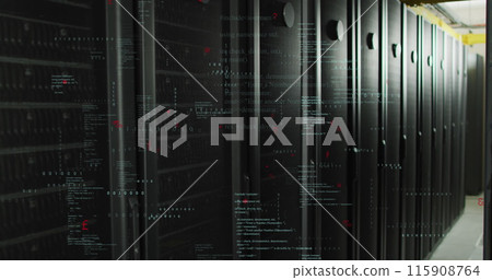 Image of binary coding data processing and symbols against computer server room 115908764