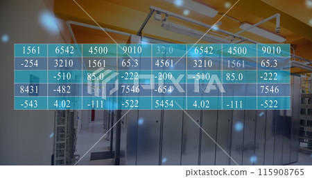 Image of statistical data processing and blue glowing spots falling against computer server room 115908765