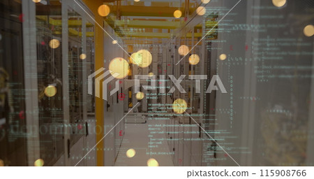 Image of data processing and yellow glowing spots falling against computer server room Image of data processing and yellow glowing spots falling against computer server room 115908766