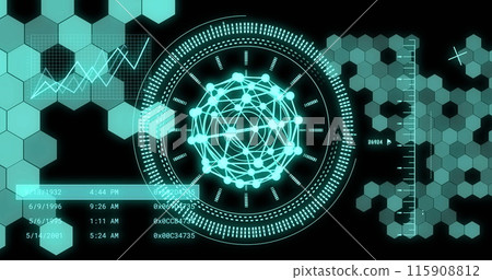 Image of data processing with scope scanning and globe of connections on black background 115908812
