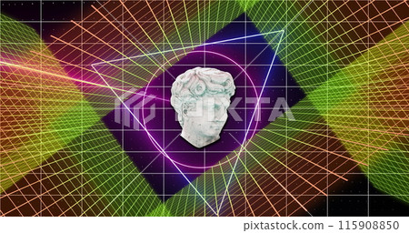 Image of head sculpture with interference over colorful shapes on black background Image of head sculpture with interference over colorful shapes on black background 115908850