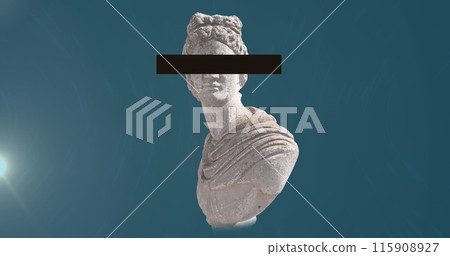 Image of head sculpture with black stripe over eyes on blue background 115908927