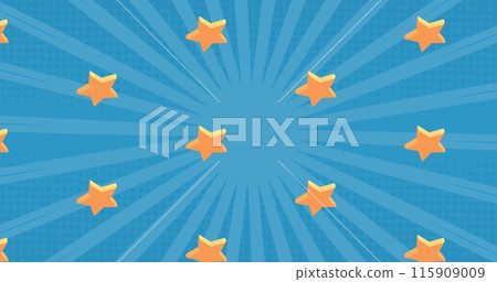 Image of yellow stars repeated over stripes on blue background 115909009