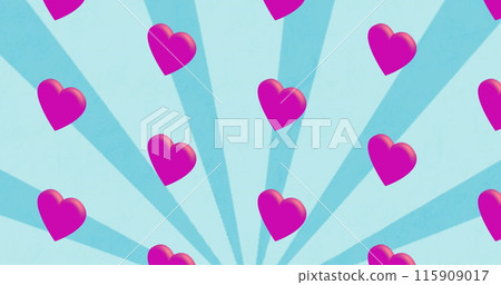 Image of pink heart icons repeated over stripes on blue background Image of pink heart icons repeated over stripes on blue background 115909017