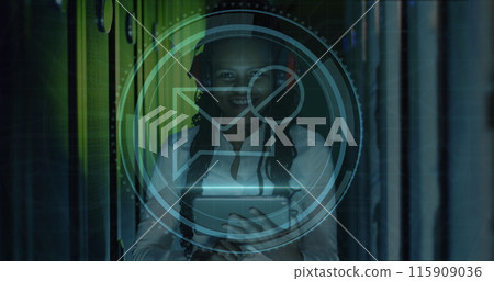 Image of message block icon over african american female engineer using tablet at server room 115909036