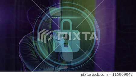 Image of security padlock icon over african american male engineer using laptop at server room Image of security padlock icon over african american male engineer using laptop at server room 115909042