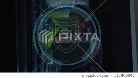 Image of cyber security text, envelope, african american male engineer using laptop in data room 115909048