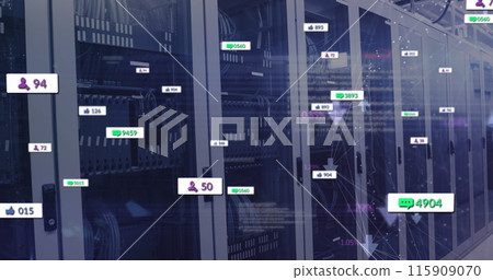 Image of notification with numbers icons and arrows over data server racks 115909070