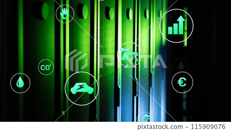 Image of green technology icons over data server systems Image of green technology icons over data server systems 115909076