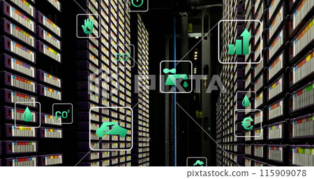 Image of green technology icons moving over data server room Image of green technology icons moving over data server room 115909078