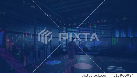 Image of graphs and stock market data over rear view of asian businesswoman thinking strategy Image of graphs and stock market data over rear view of asian businesswoman thinking strategy 115909084