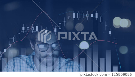Image of multiple graphs moving over stressed caucasian businessman working late in office Image of multiple graphs moving over stressed caucasian businessman working late in office 115909096