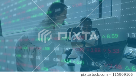 Image of metaverse text and stock market data processing over diverse women discussing at office 115909106