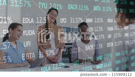 Image of cloud text in cloud, trading board, diverse coworkers discussing and shaking hands 115909112