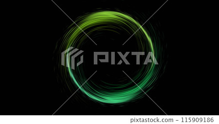 Image of glowing circle of green light trial with copy space on black background 115909186