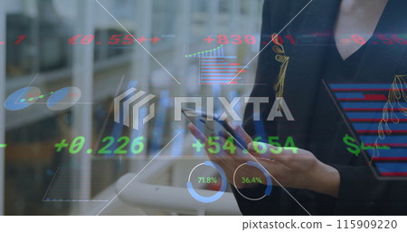 Image of financial data processing over caucasian businesswoman using smartphone 115909220