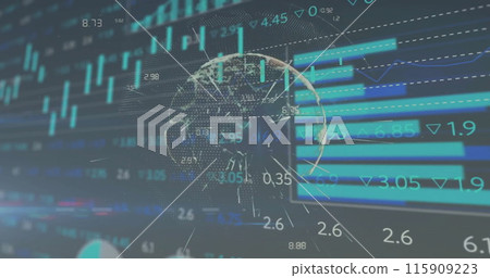 Image of globe with network of connections and financial data processing Image of globe with network of connections and financial data processing 115909223