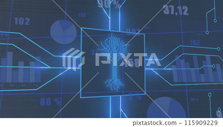 Image of network of connections with circuit board and financial data processing 115909229
